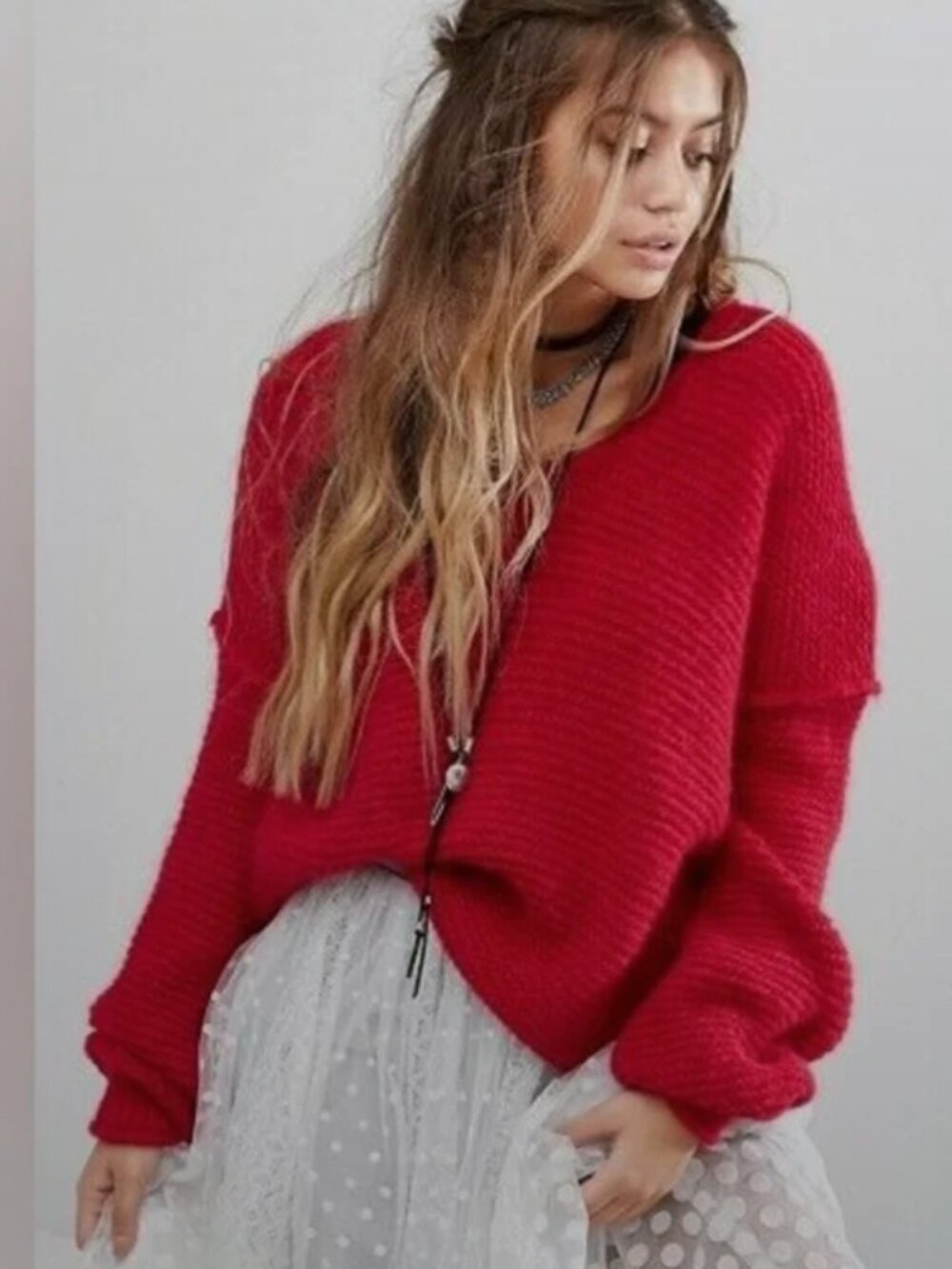 Free People Oversized Sweater Alpaca XS Raspberry Pink Red Boho Relaxed All Mine